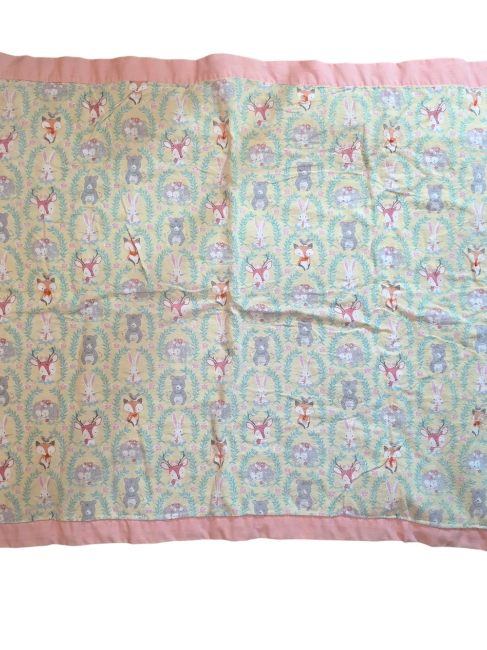 Handmade Woodland Animal Baby Blanket Pink Flannel Bunny‎ Bear Fox Deer Hedgehog